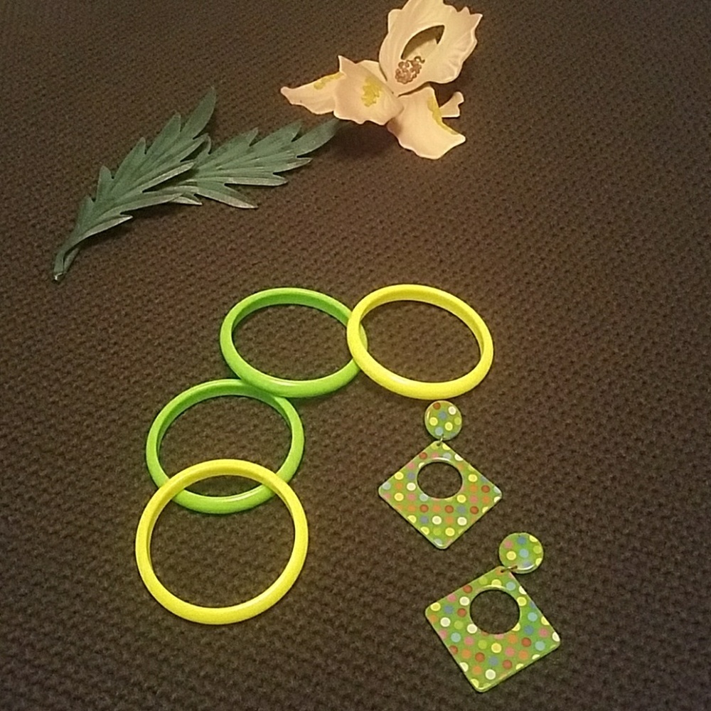 Matching  bracelets, and earrings.